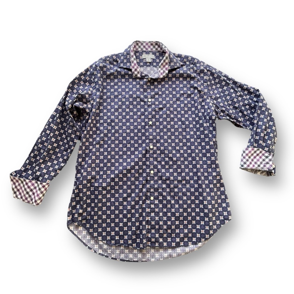 Jack Stone Blue/Orange Print Cutton-up Casual Shirt Men's Size Large